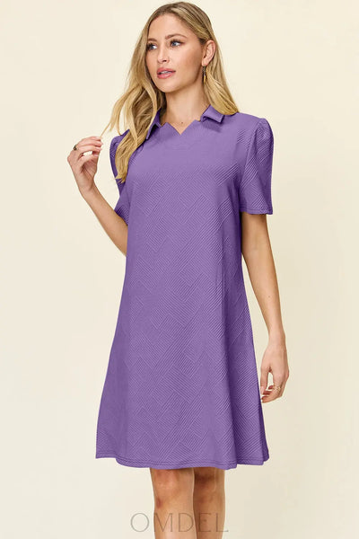 Double Take Full Size Texture Collared Neck Short Sleeve Dress Trendsi OMDEL.COM