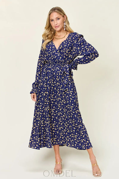 Double Take Full Size Tie Back Flounce Sleeve Dress Trendsi OMDEL.COM