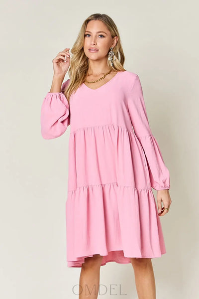 Double Take Full Size V-Neck Balloon Sleeve Tiered Dress with Pockets Trendsi OMDEL.COM