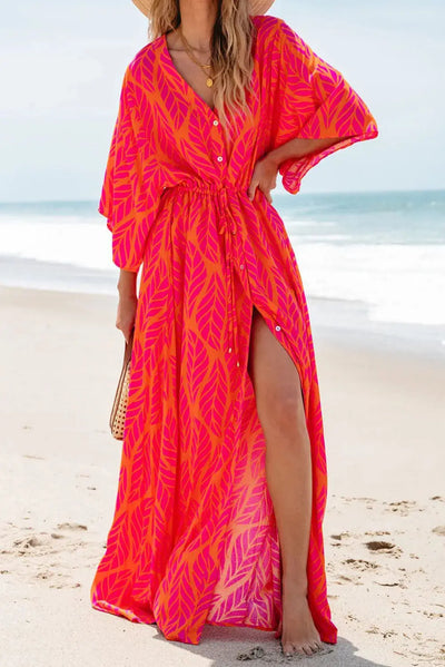 Drawstring Printed V-Neck Maxi Dress Trendsi OMDEL.COM