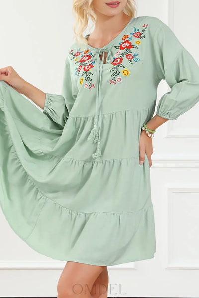 Embroidered Tie Neck Dropped Shoulder Mini Dress Trendsi OMDEL.COM