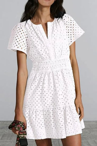 Eyelet Notched Short Sleeve Mini Dress Trendsi OMDEL.COM