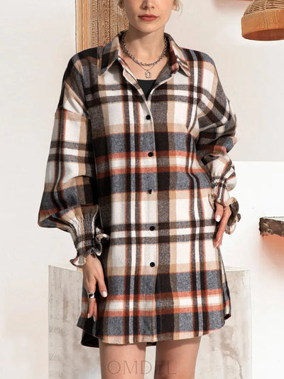 FAM-FAM Button Up Plaid Long Sleeve Shirt Dress Trendsi OMDEL.COM