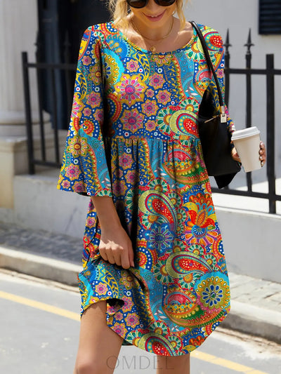 FAM-FAM Paisley Print Round Neck Three-Quarter Sleeve Dress Trendsi OMDEL.COM