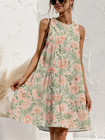 FAM-FAM Tiered Printed Round Neck Sleeveless Dress Trendsi OMDEL.COM