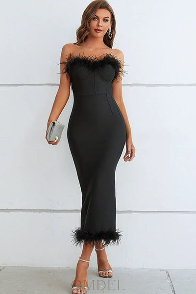 Feather Trim Strapless Sweetheart Neck Dress Trendsi OMDEL.COM