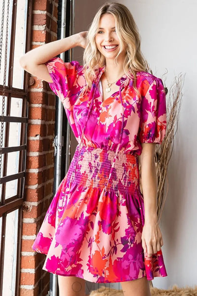 First Love Floral Short Sleeve Smocked Mini Dress Trendsi OMDEL.COM