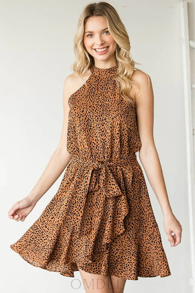 First Love Full Size Leopard Belted Sleeveless Dress Trendsi OMDEL.COM