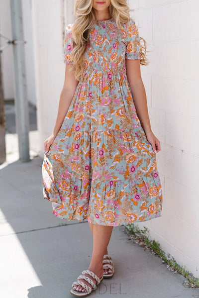 Floral Flounce Sleeve Round Neck Midi Dress Trendsi OMDEL.COM