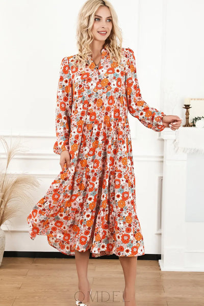 Floral Notched Neck Long Sleeve Dress Trendsi OMDEL.COM