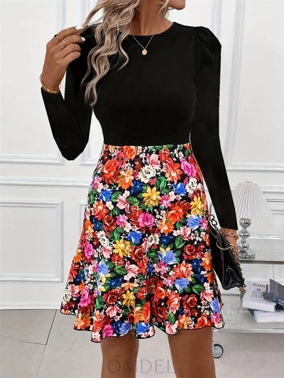 Floral Round Neck Long Sleeve Dress Trendsi OMDEL.COM