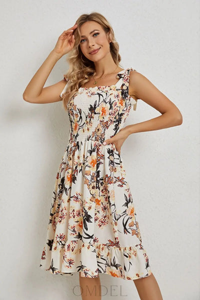 Floral Tie Shoulder Smocked Ruffle Hem Dress Trendsi OMDEL.COM