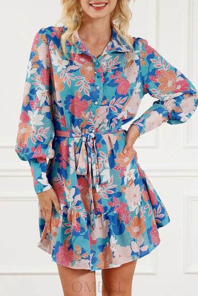 Floral Tie Waist Lantern Sleeve Ruffled Hem Mini Dress Trendsi OMDEL.COM