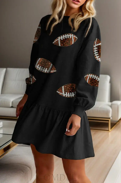 Football Sequin Round Neck Dropped Shoulder Mini Dress Trendsi OMDEL.COM