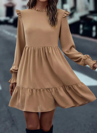 Frill Round Neck Flounce Sleeve Mini Dress Trendsi OMDEL.COM