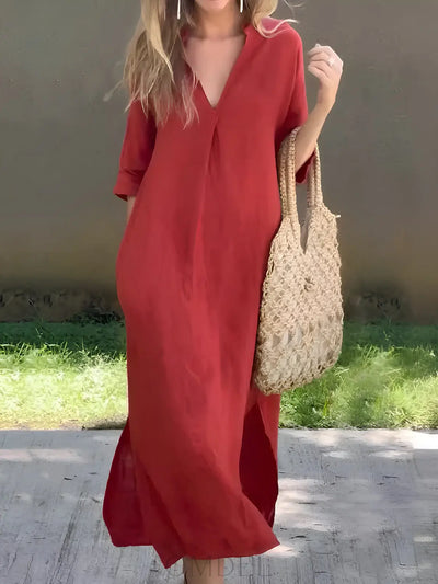 Full Size Notched Half Sleeve Midi Dress Trendsi OMDEL.COM