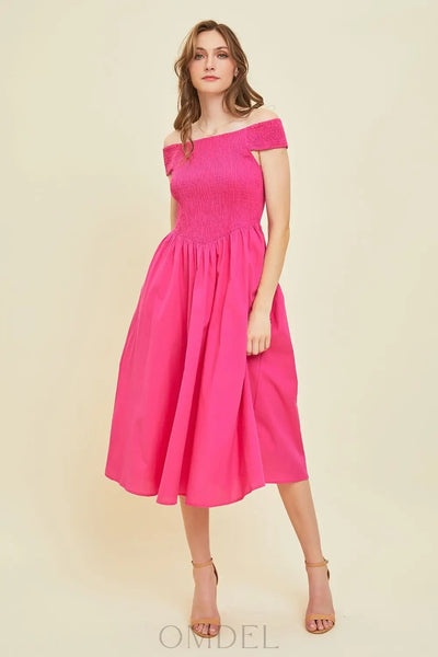 HEYSON Off-Shoulder Smocked Midi Dress Trendsi OMDEL.COM