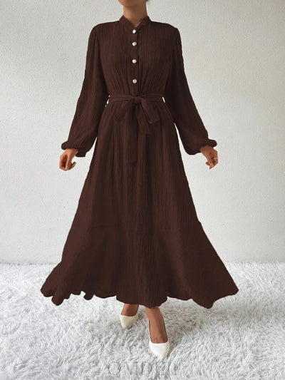 Half Button Tie Waist Long Sleeve Maxi Dress Trendsi OMDEL.COM