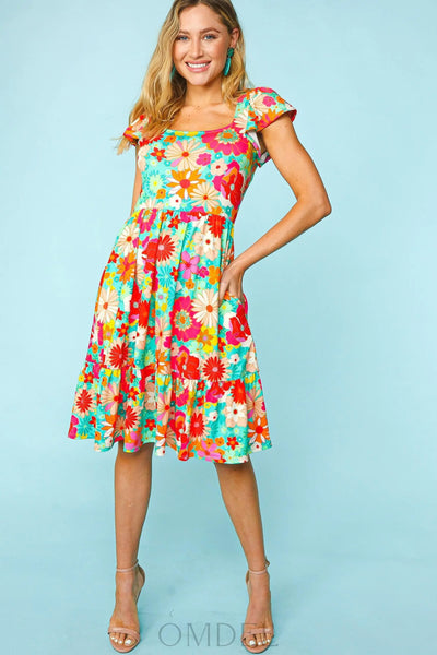 Haptics Floral Square Neck Short Sleeve Dress Trendsi OMDEL.COM