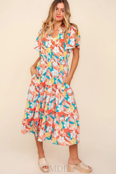 Haptics Full Size Tropical Floral Tiered Dress with Side Pockets Trendsi OMDEL.COM