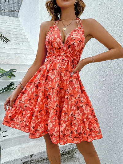 Honey Floral Halter Neck Backless Dress Trendsi OMDEL.COM