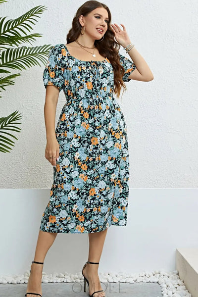 Honey Floral Split Short Sleeve Dress Trendsi OMDEL.COM