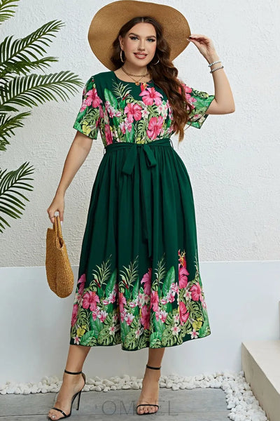 Honey Floral Tie-Waist Round Neck Dress Trendsi OMDEL.COM