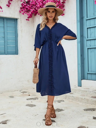 Honey Frill Slit V-Neck Three-Quarter Sleeve Dress Trendsi OMDEL.COM