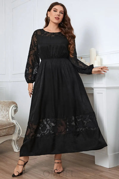 Honey Melo Apparel Plus Size Embroidery Round Neck Long Sleeve Maxi Dress Trendsi OMDEL.COM