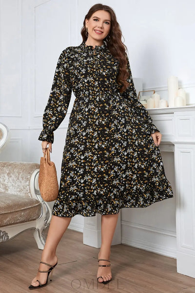 Honey Melo Apparel Plus Size Floral Flounce Sleeve Midi Dress Trendsi OMDEL.COM