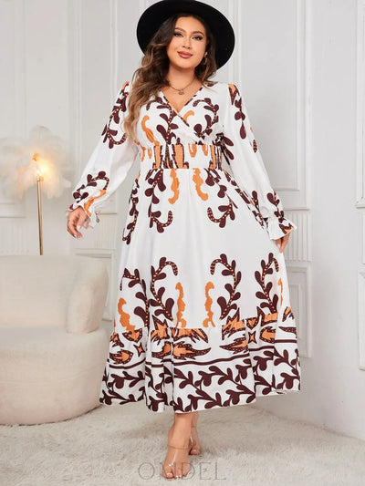 Honey Plus Size Printed Surplice Flounce Sleeve Dress Trendsi OMDEL.COM