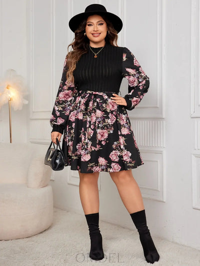 Honey Plus Size Tied Printed Long Sleeve Dress Trendsi OMDEL.COM