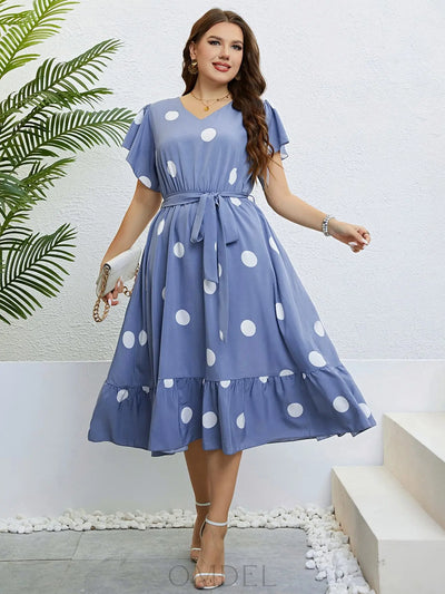 Honey Polka Dot Belted Flutter Sleeve Ruffle Hem Dress Trendsi OMDEL.COM