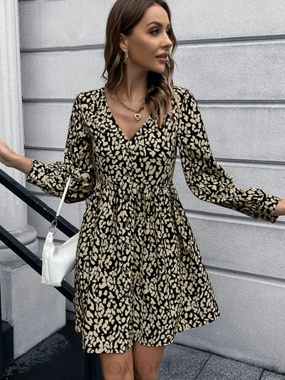 Ivy Lane Animal Print Buttoned V-Neck Long Sleeve Dress Trendsi OMDEL.COM