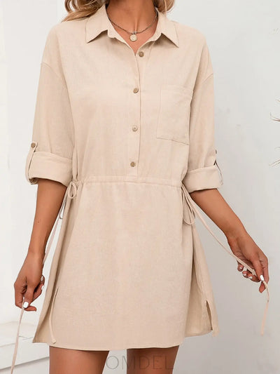 Ivy Lane Drawstring Half Button Roll-Tab Sleeve Dress Trendsi OMDEL.COM