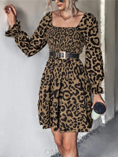 Leopard Smocked Flounce Sleeve Mini Dress Trendsi OMDEL.COM