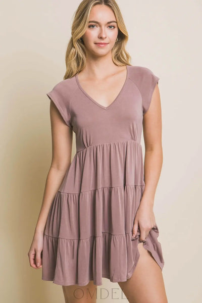 Love Tree V-Neck Cap Sleeve Tiered Mini Dress Trendsi OMDEL.COM