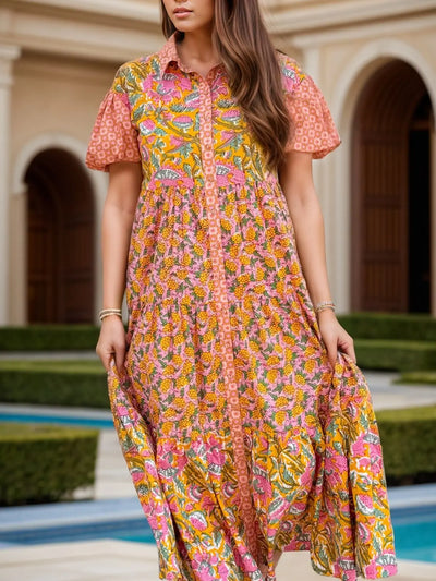 MeiMei Printed Collared Neck Short Sleeve Midi Dress Trendsi OMDEL.COM