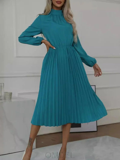 Mock Neck Long Sleeve Pleated Dress Trendsi OMDEL.COM