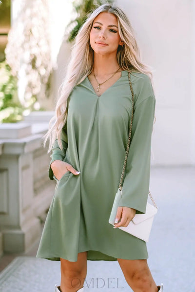 Notched Long Sleeve Dress with Pockets Trendsi OMDEL.COM