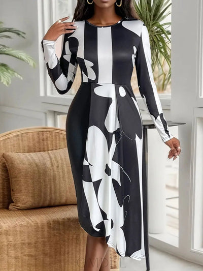 Perfee Asymmetrical Slit Round Neck Long Sleeve Midi Dress Trendsi OMDEL.COM