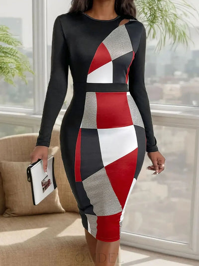 Perfee Cutout Color Block Round Neck Long Sleeve Dress Trendsi OMDEL.COM