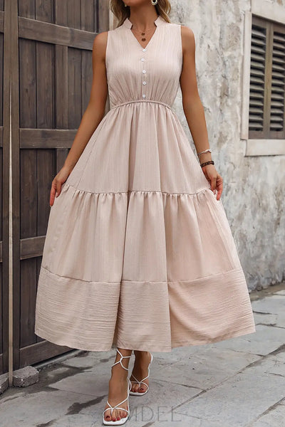 Perfee Decorative Button Notched Tiered Dress Trendsi OMDEL.COM