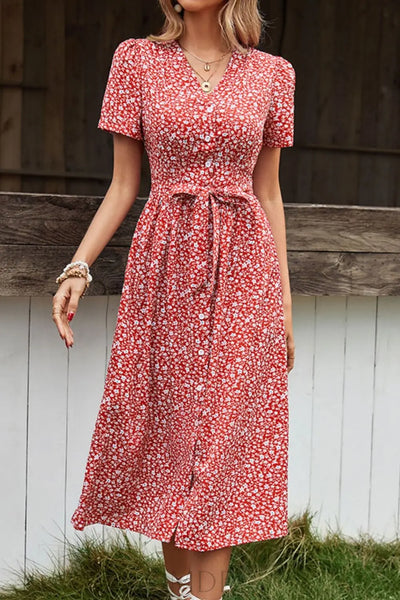 Perfee Ditsy Floral Button Front Tied Puff Sleeve Dress Trendsi OMDEL.COM