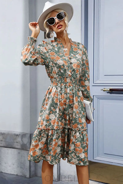 Perfee Floral Smocked Decorative Button Dress Trendsi OMDEL.COM