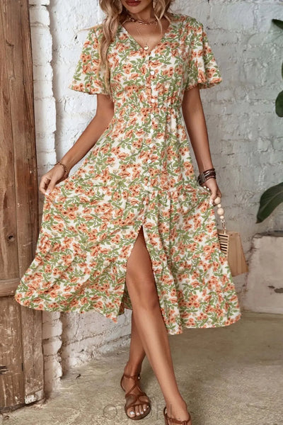 Perfee Floral V-Neck Front Slit Dress Trendsi OMDEL.COM