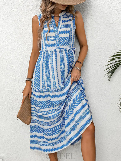 Perfee Frill Printed Notched Sleeveless Dress Trendsi OMDEL.COM