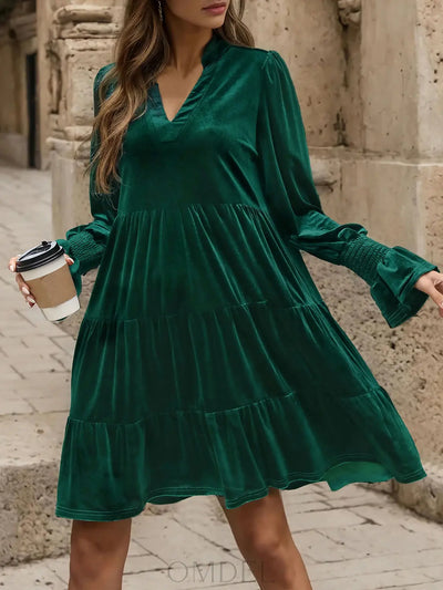 Perfee Notched Long Sleeve Tiered Dress Trendsi OMDEL.COM