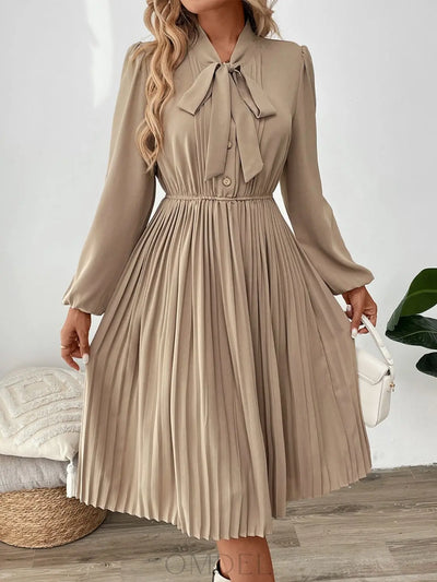 Perfee Pleated Tie Neck Long Sleeve Dress Trendsi OMDEL.COM