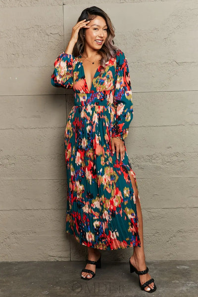 Perfee Printed Deep V Slit Pleated Dress Trendsi OMDEL.COM